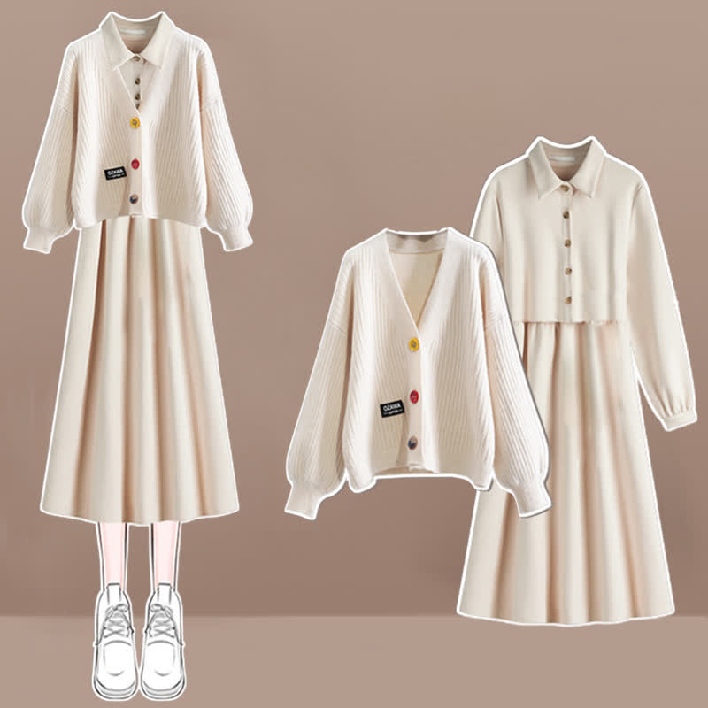 Rhombus Print Cardigan Sweater Laple Long Sleeve Dress