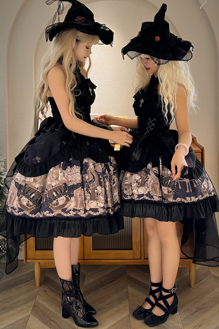 Noir Halter Neck Printed Ruffle Bow Drawstring Gothic Dress - The Mystery of The Doll