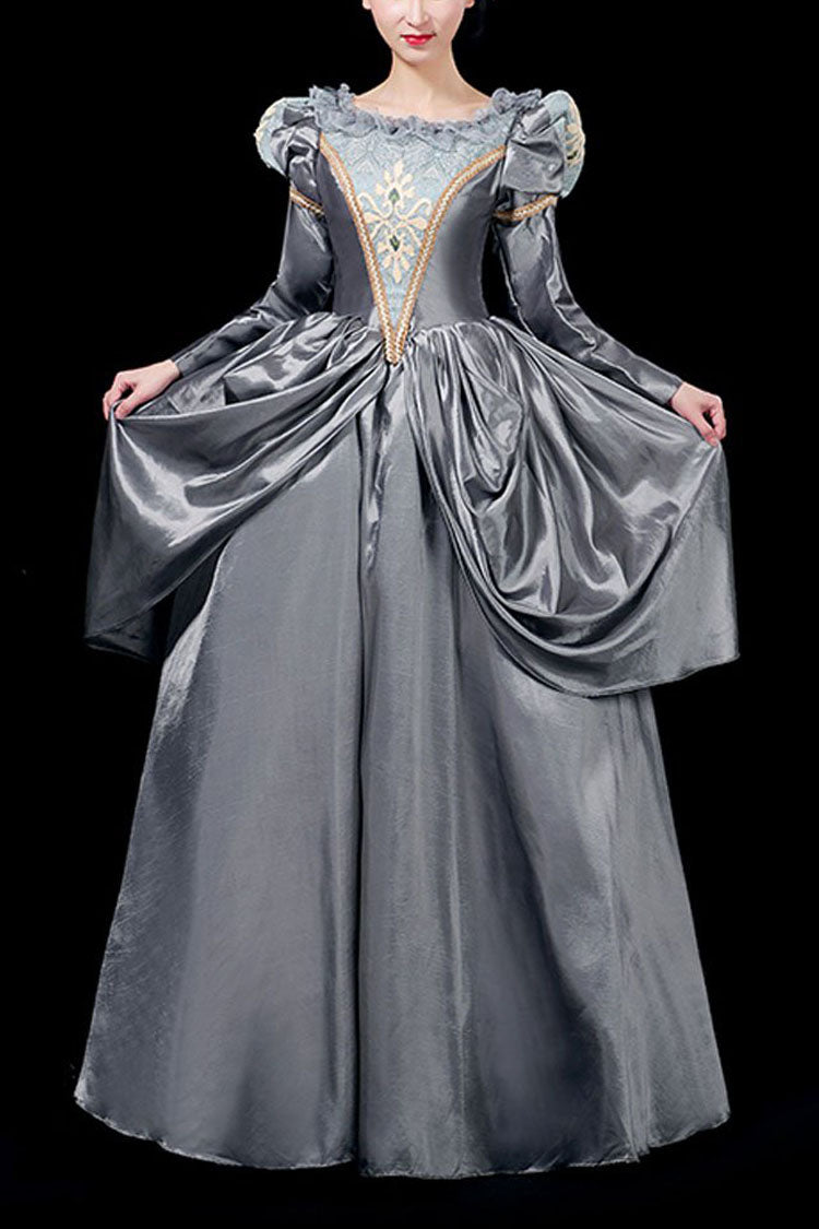 Gray Floral Print Victorian Gown with Boat Neck - Long Sleeves