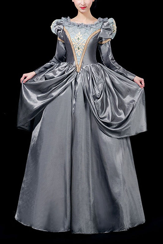 Gray Floral Print Victorian Gown with Boat Neck - Long Sleeves