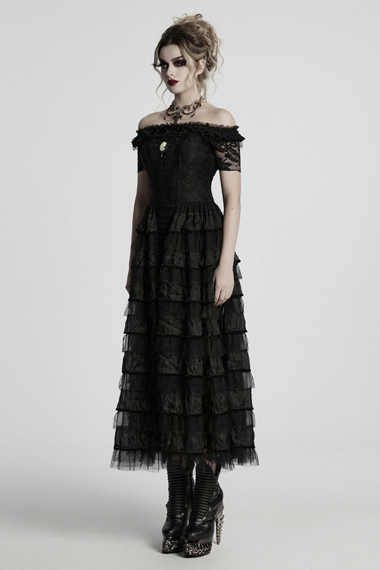 Off-Shoulder Embroidered Punk Dress with Short Sleeves