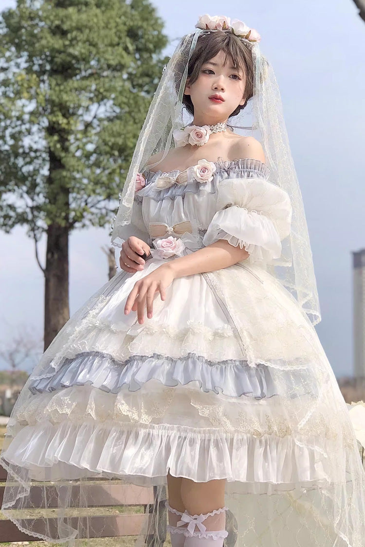 Princess Lolita Dress with Multi-Layer Ruffles, Bowknot, Lace-Up, Grey/Blue