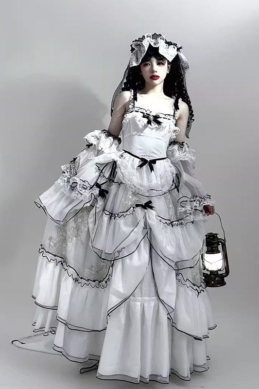 Cascade Poem Sleeveless Multi-Layered Ruffled Hanayome Bow Lace Gothic Plus Size Gorgeous Lolita JSK Long Dress - White