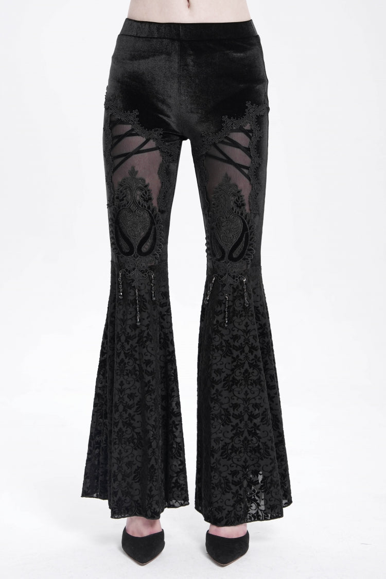 Floral Embroidered Flared Gothic Pants with Cutout Design for Women