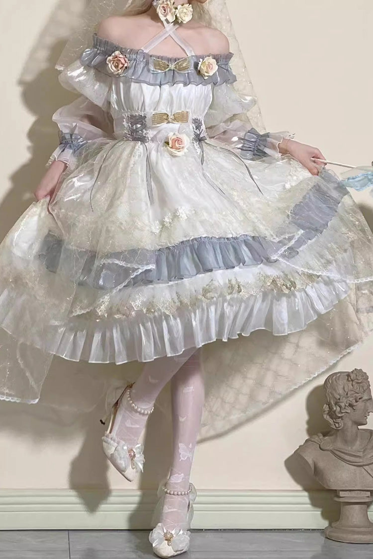 Princess Lolita Dress with Multi-Layer Ruffles, Bowknot, Lace-Up, Grey/Blue