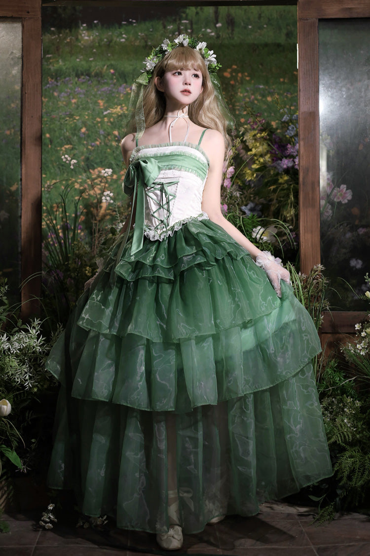 Green Sleeveless Triple-Layered Ruffled Bow Lace-Up Sweet Elegant Lolita Skirt Dress Set - Lily of the Valley in Falling Snow