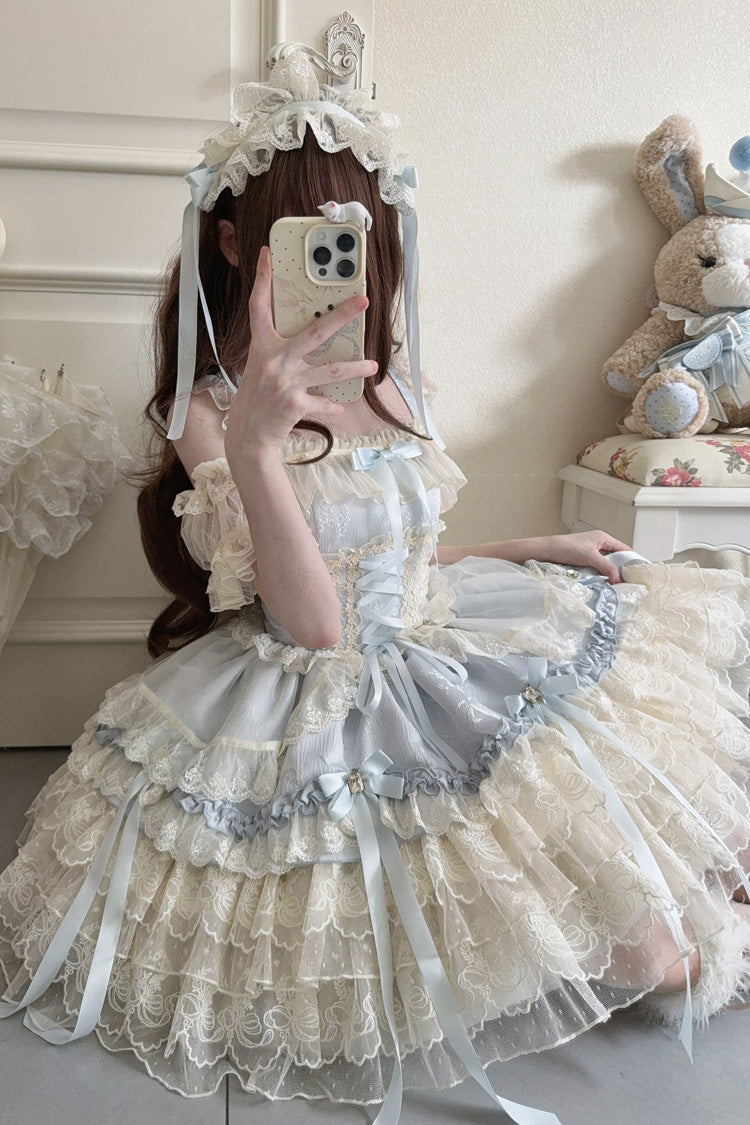 Azure Sleeveless Layered Ruffle Bow Lace Corset Ballet Jumper Dress - Ribbon Heart Love