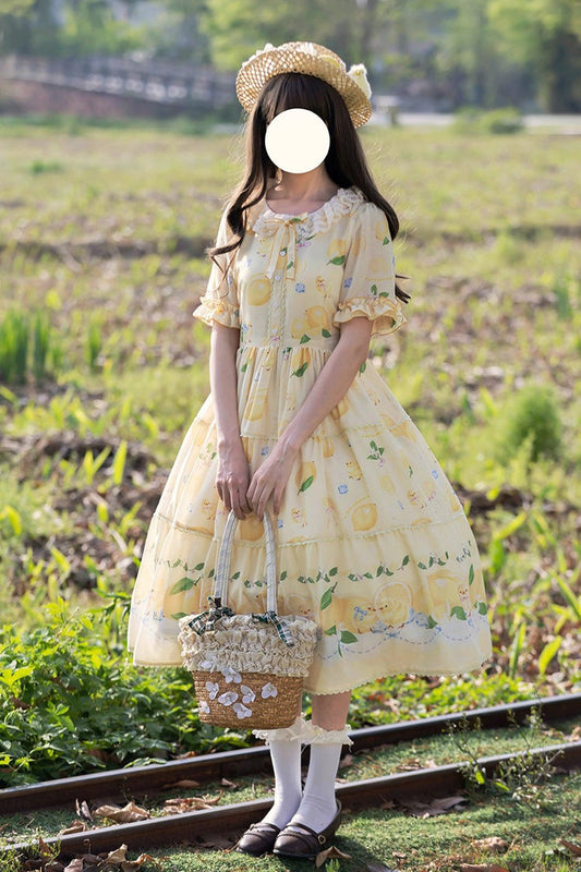 Lemon Chicken Print Short Sleeve Ruffled Bow Lace Daily Sweet Lolita Dress - Yellow