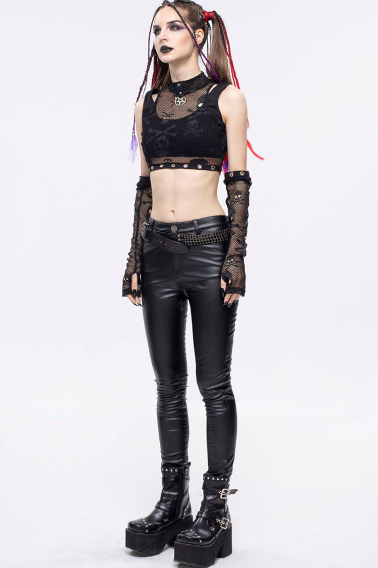 Gothic Cotton Knit Two-Piece Look High Collar Skull Mesh Mini Vest