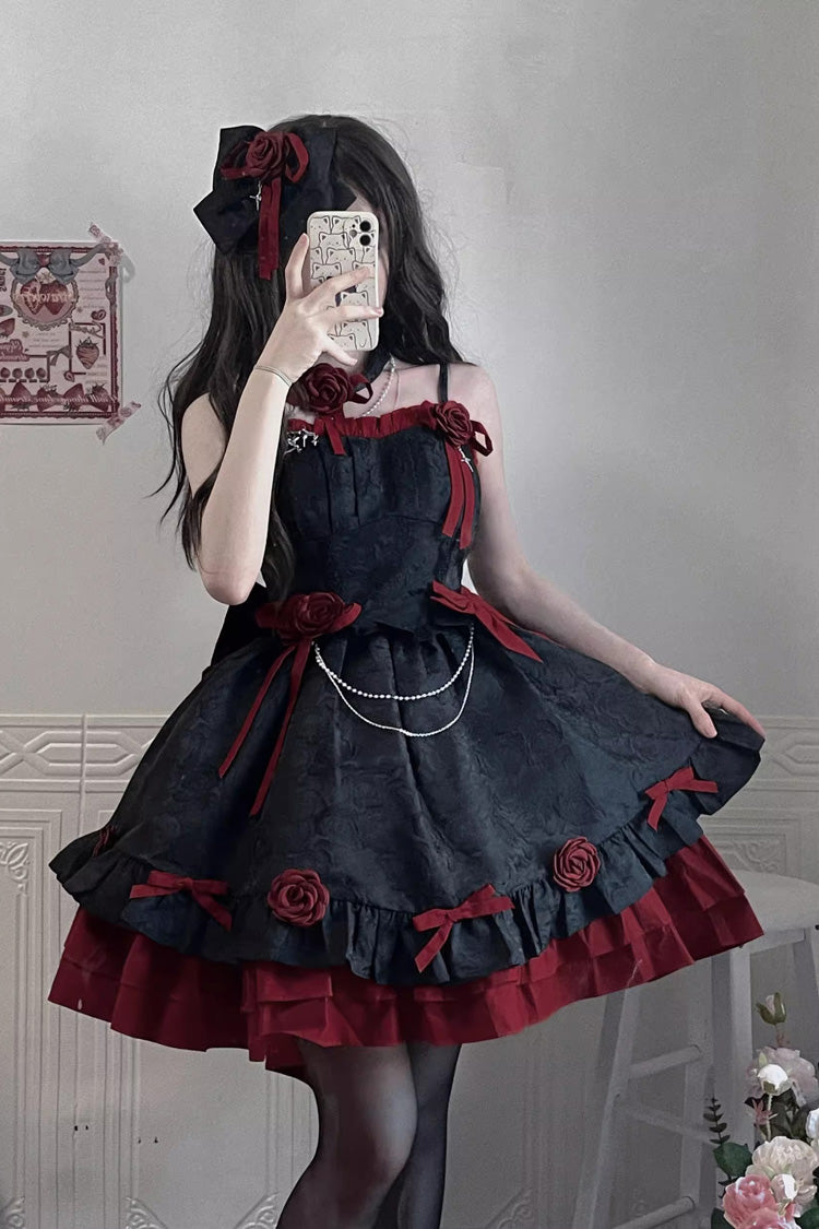 Crimson Noir Printed Ruffled Bow Embellished Gothic Princess Jumper Dress