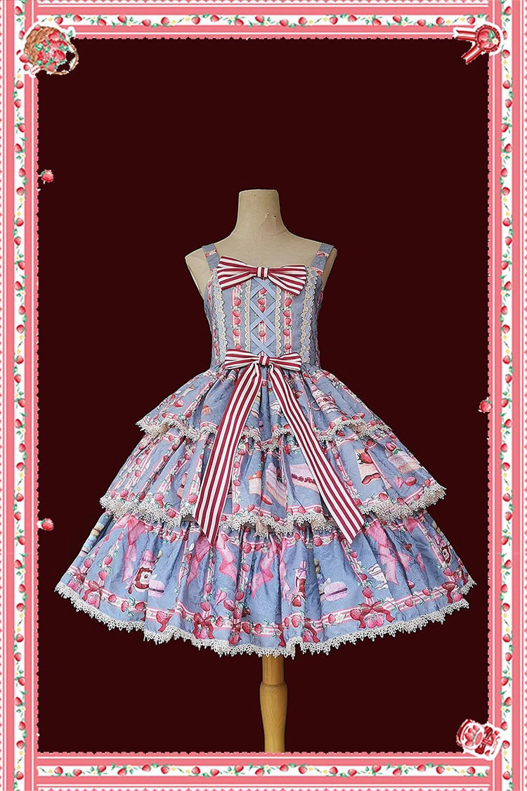 Strawberry Afternoon Tea Themed Sweet Lolita Tiered Dress with Ice Cream Print