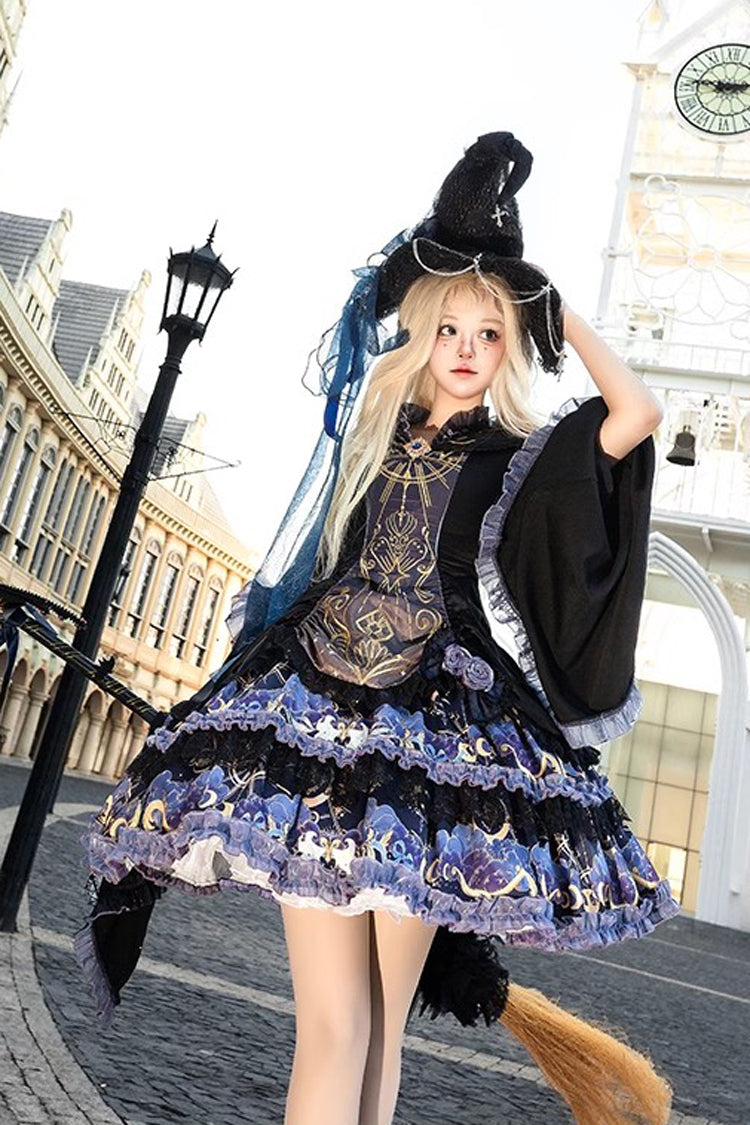 Black Astrology Cat Long Sleeve Double-Layered Lace Gothic Dress