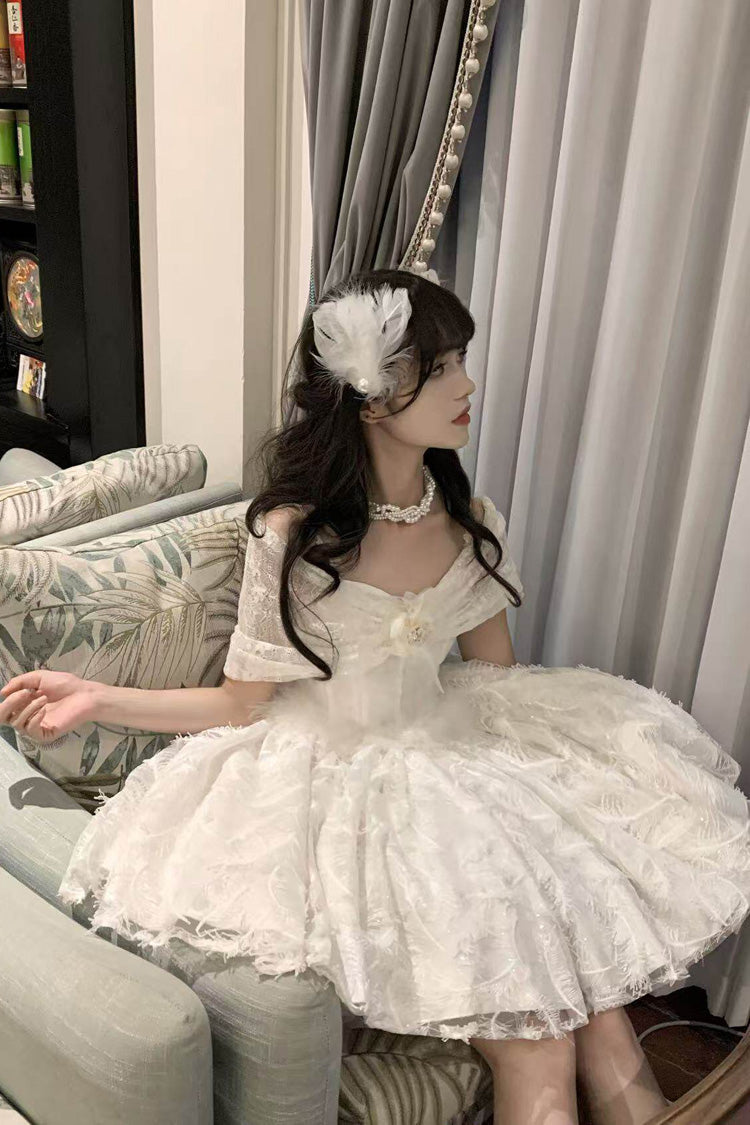White Moonlight Off-Shoulder Jacquard Embroidered Bow Gothic JSK