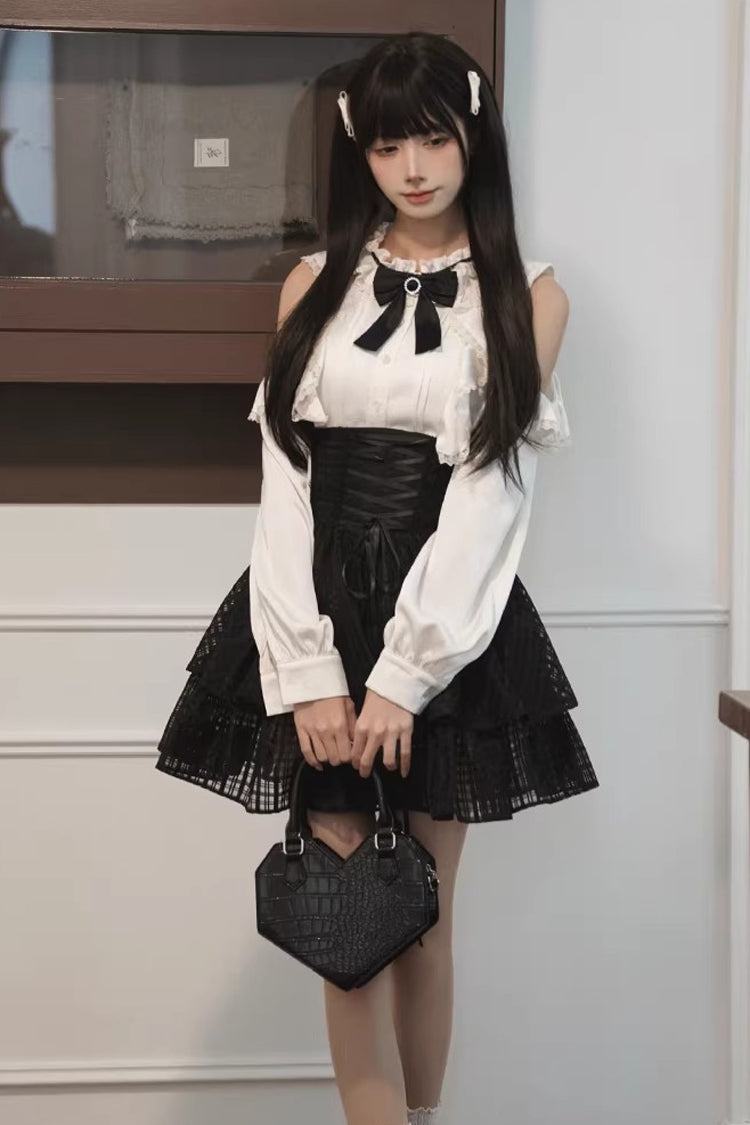 Double-Layered Cut-Out Bow Lace-Up Classic Jirai Kei Skirt Set