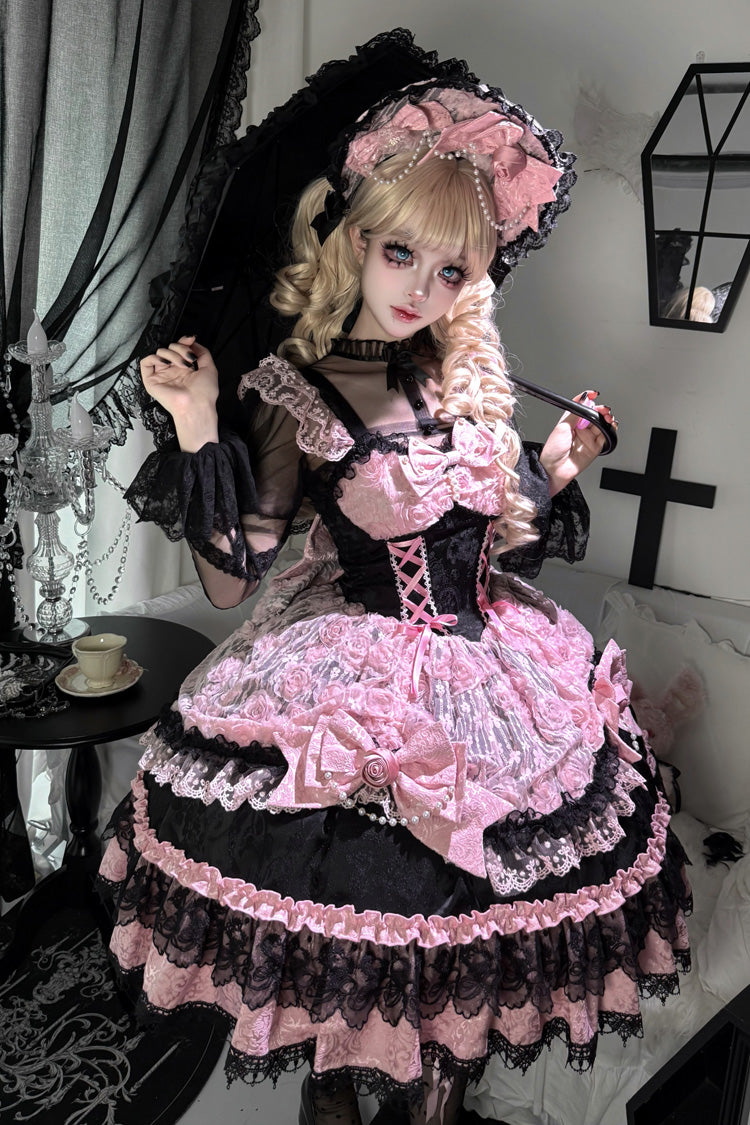 Ebony Rose Sleeveless Ruffle Bow Lace Corset Ballet Jumper Dress - Rose Princess
