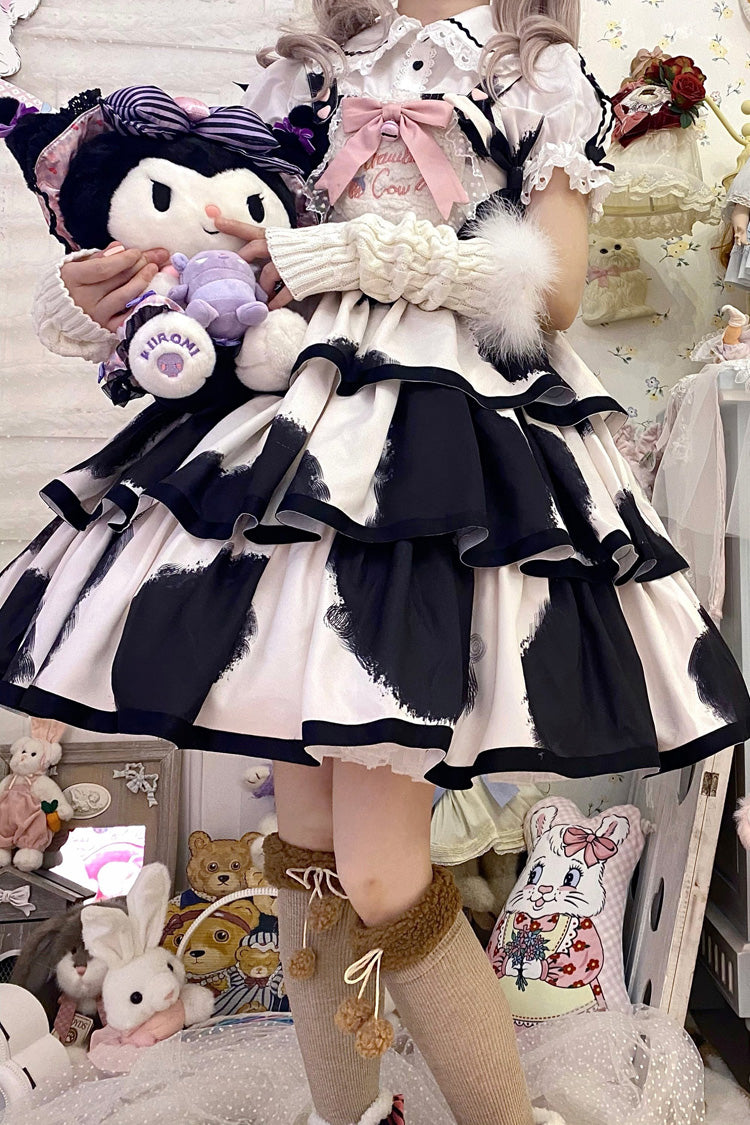 Black Sleeveless Triple Layer Cow Print Ruffle Bow Sweet Jsk