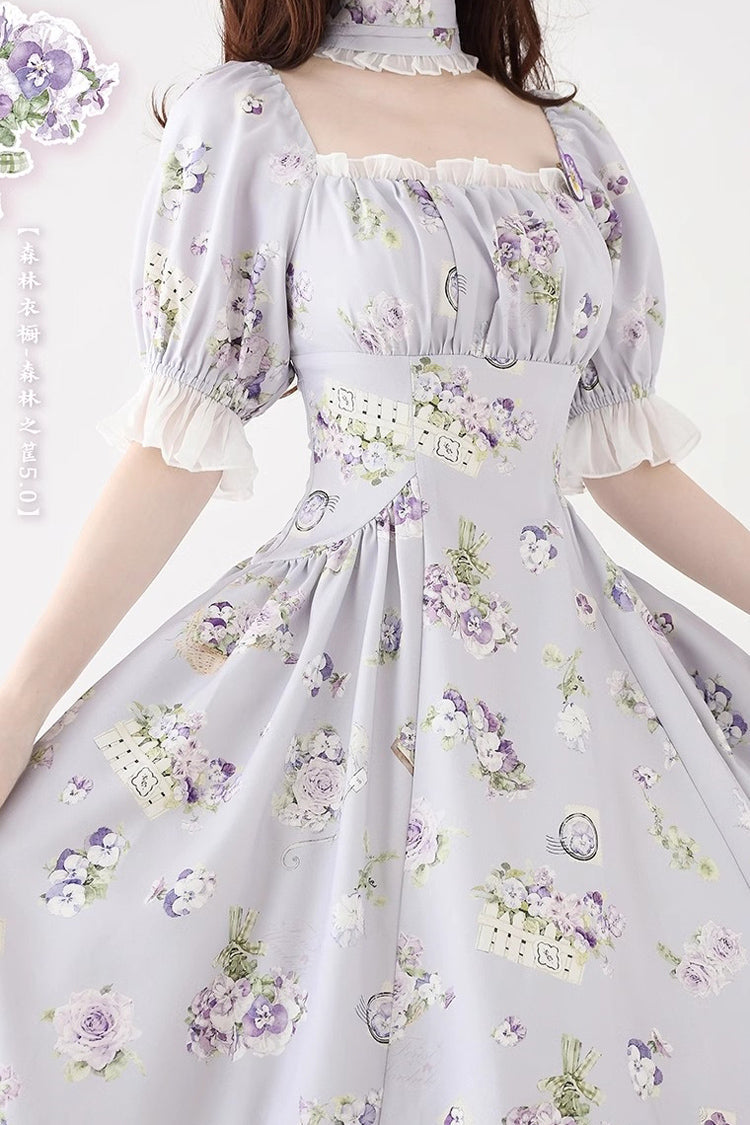 Botanical Print Ruffle-Trim Lace Summer Lolita Gown in Six Shades - Forest Basket