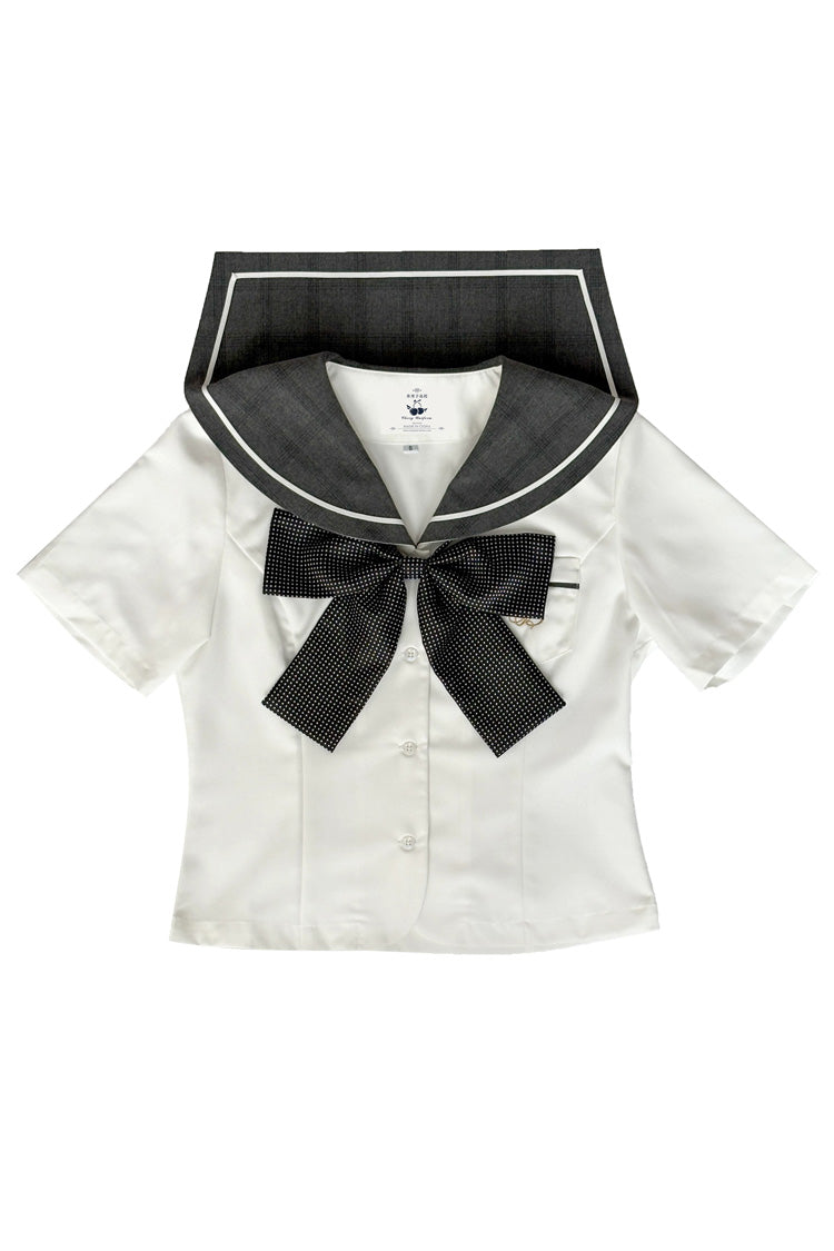 Monochrome Sailor-Collar Preppy Two-Piece with Printed Ruffles and Bow Accents