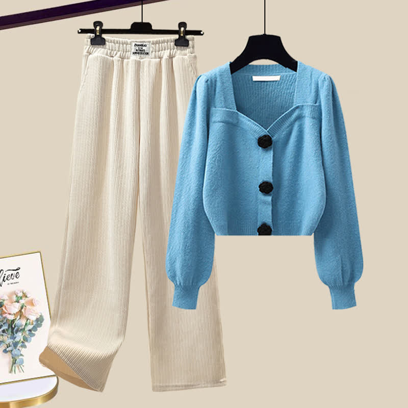 Elegant Sqaure Collar Knit Sweater Plush Casual Pants modakawa