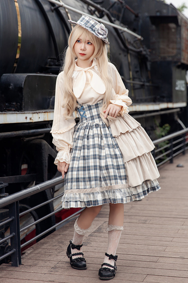 Sweet Lolita Strap Dress with Asymmetric Ruffle, High Waist, Grey/Blue Morning Tune