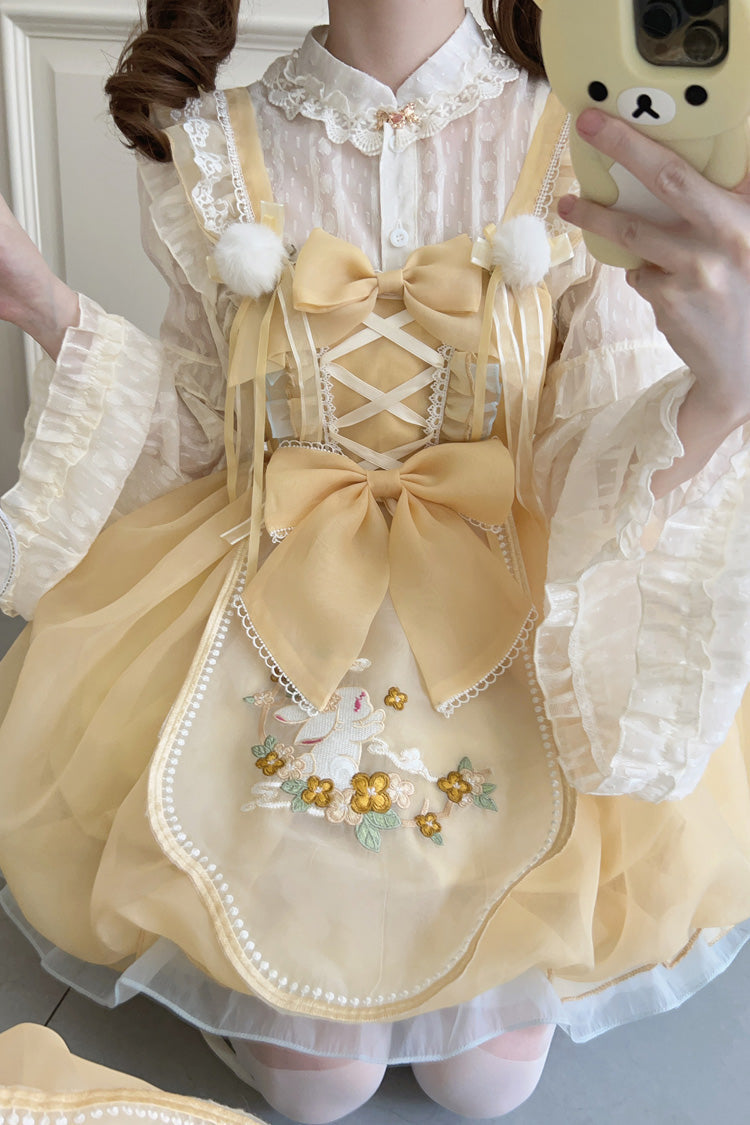 Yellow Moon Rabbit Embroidery Ruffled Bowknot Lace Sweet Lolita JSK