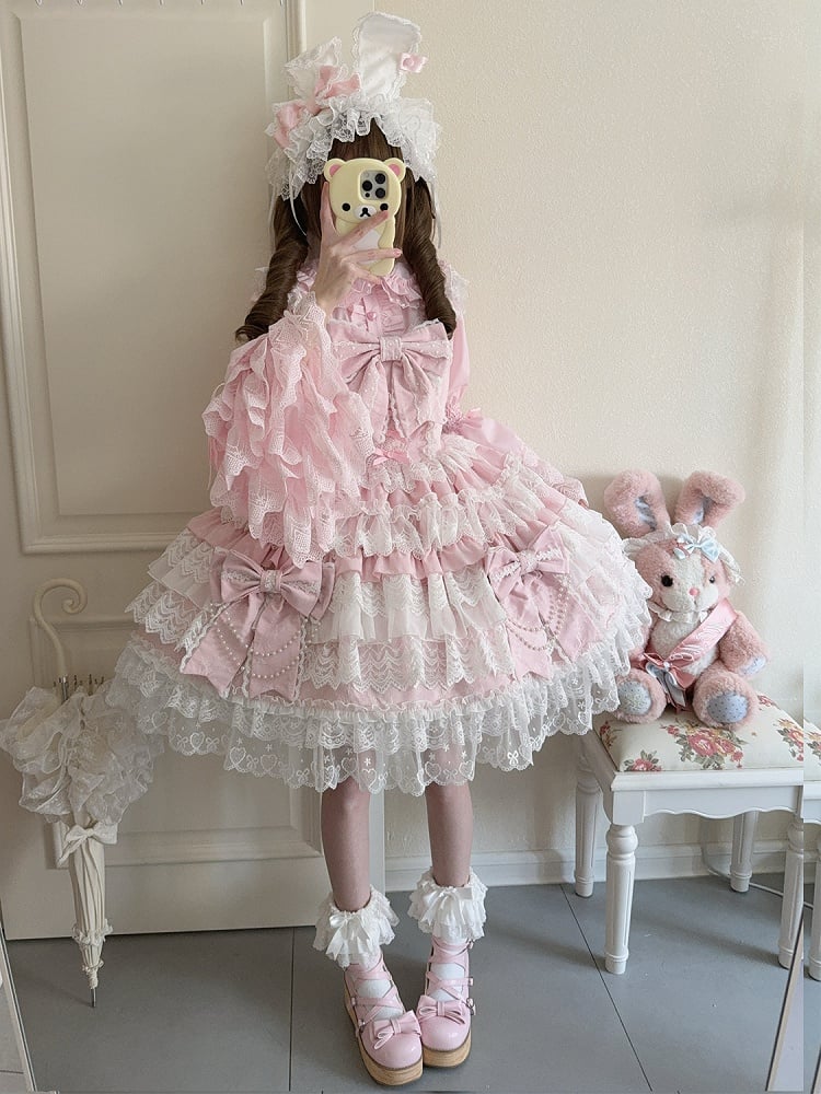 Lolita Dress Pink Bows Bead Big Skirt Chain Hanayome Tiered Decoration