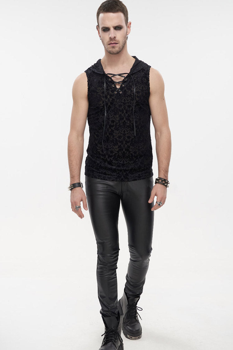 Velvet Jacquard Chest-Tie Sleeveless Punk Hoodie Shirt