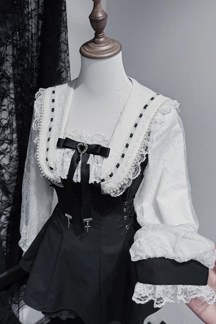 Square Collar Long Sleeves Printed Bow Lace Pearl-Decorated Gothic Japanese Dress Shorts