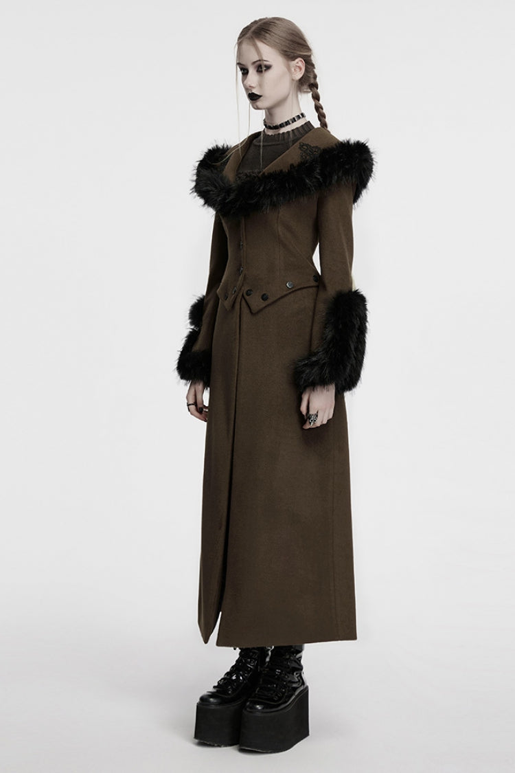 Detachable Faux Fur Trimmed Gothic Coat with Lace-Up Details