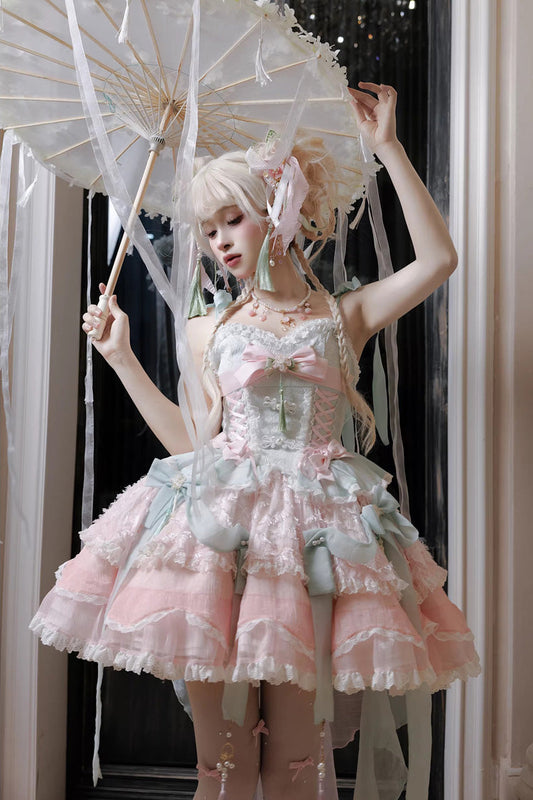 Pink Green Summer Lotus Breeze Sleeveless Double-Layered Ruffled Bow Lace-Up Sweet Chinese Style Ballet Jsk Dress