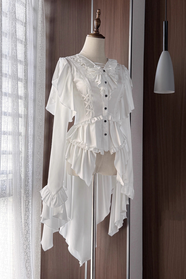 Echoes of the Deep Sea Hime Sleeve Ruffled Bow Corset Gothic Ouji Lolita Blouse in Four Shades