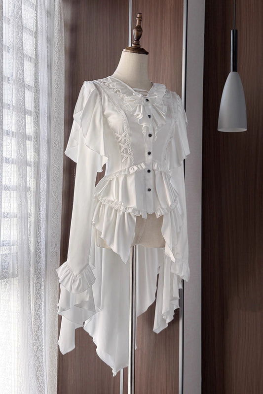 Echoes of the Deep Sea Hime Sleeve Ruffled Bow Corset Gothic Ouji Lolita Blouse in Four Shades