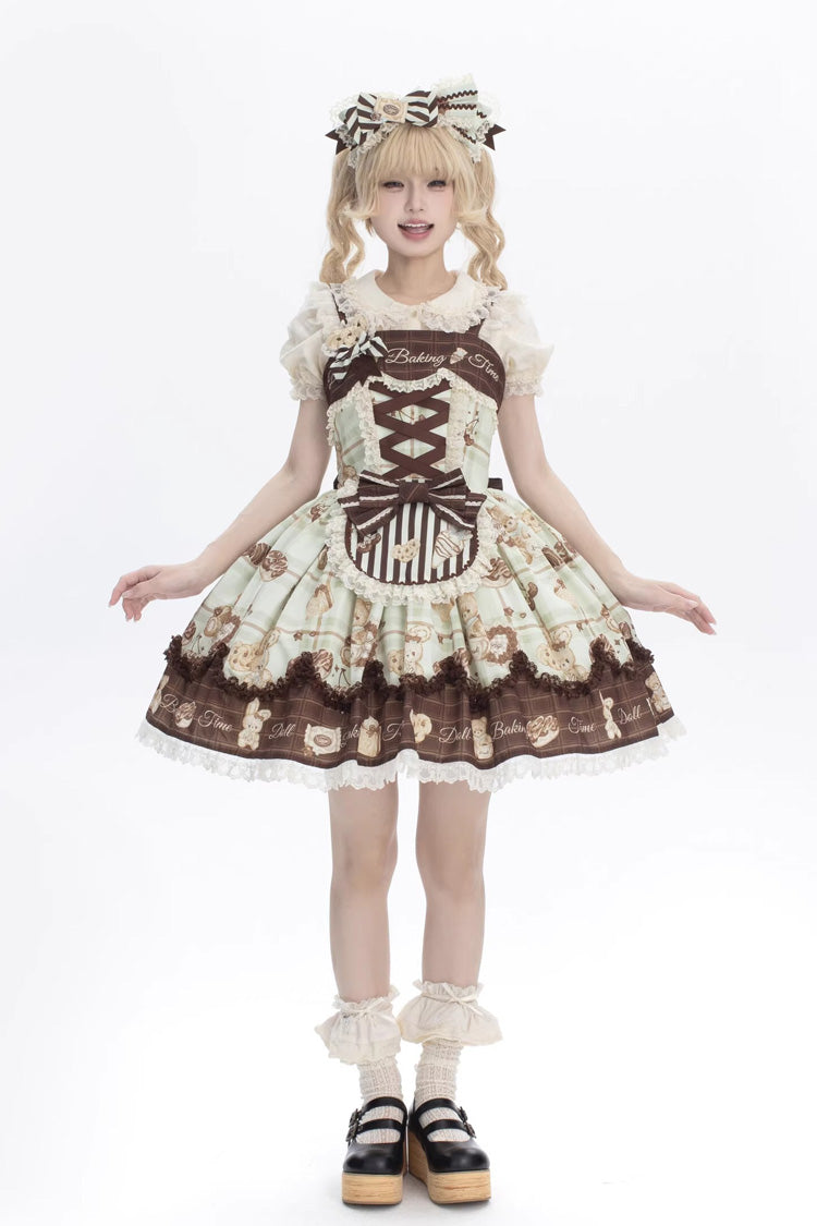 Doll Tea Party Sleeveless Printed Ruffle Bow Corset Sweet Lolita JSK Dress in Three Shades