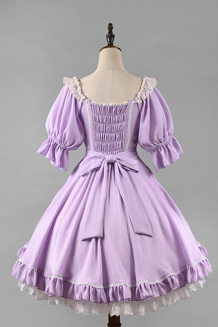 Solid Color Short-Sleeved Ruffled Bowknot Sweet OP