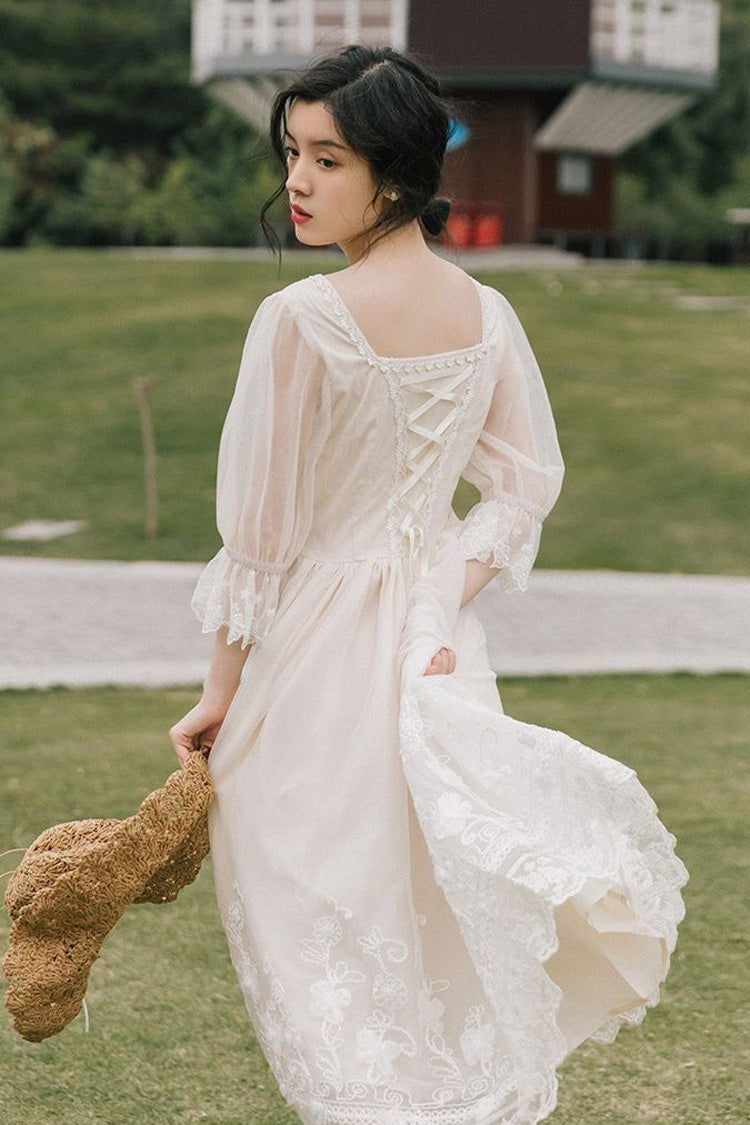 Ivory Sweet Lolita OP Dress with Lace Floral Embroidery and Half Sleeves