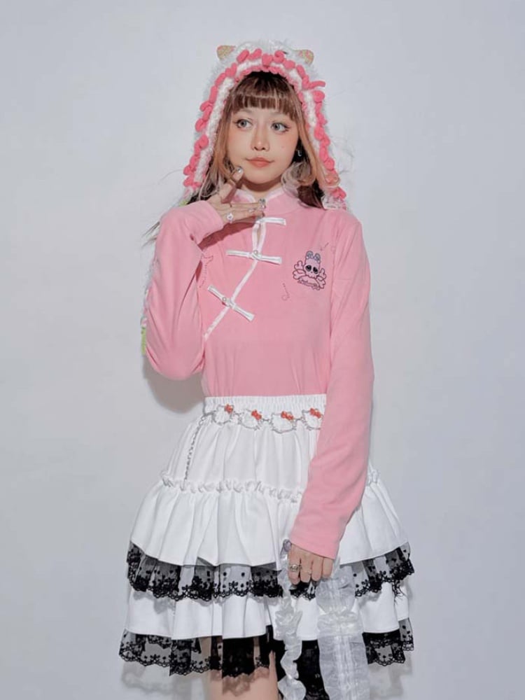 Pink Pastel Punk Skeleton Print Guitar-Shaped Rhinestones Top