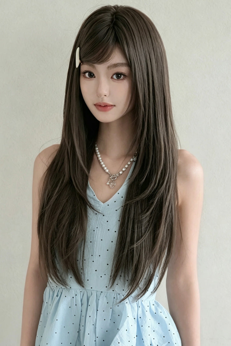 Fluffy Layered Straight Lolita Wig with Air Bangs - Cool Brown