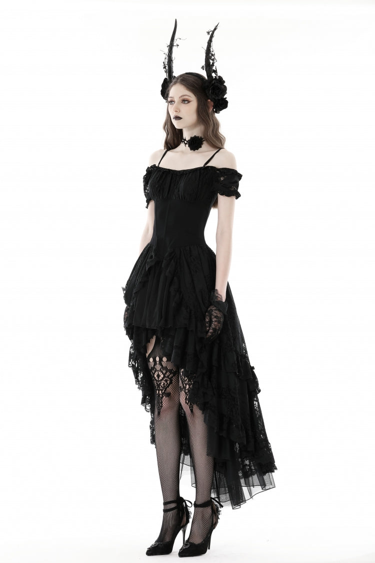 Gothic Dovetail Dress with Off-Shoulder Puff Sleeves & Lace