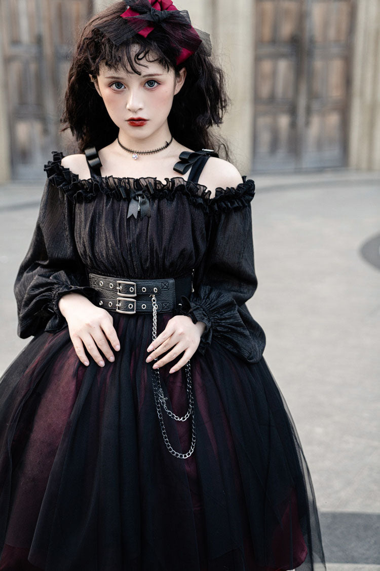 Black Boat Neck Metal Chain Organza Stitching Gothic OP Dress
