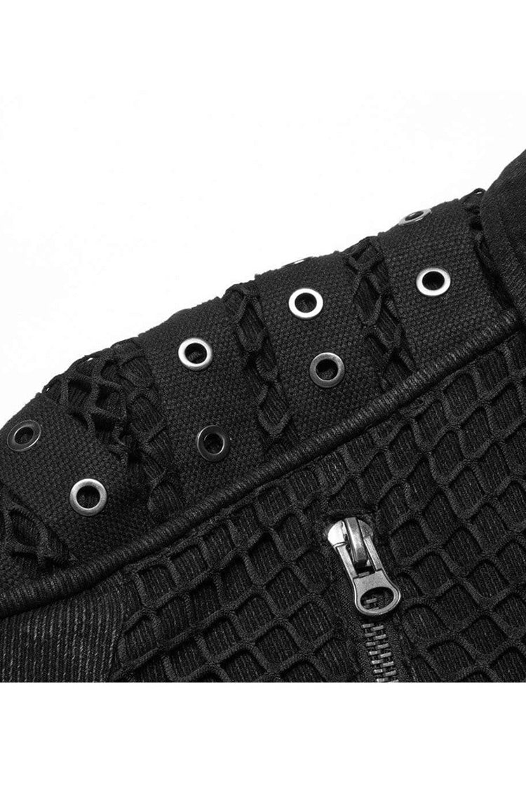 Aged Texture Mesh Panel Metal-Trimmed Punk Long Jacket