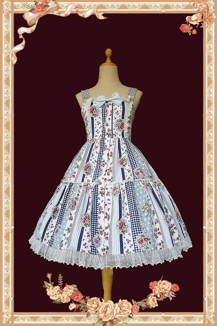 Light Blue Sweet Lolita Dress with Strawberry Plaid Print and Bowknot