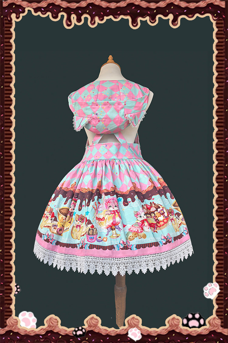 Hooded Strap Dress with Print and Bow in 3 Shades - Cream Meow