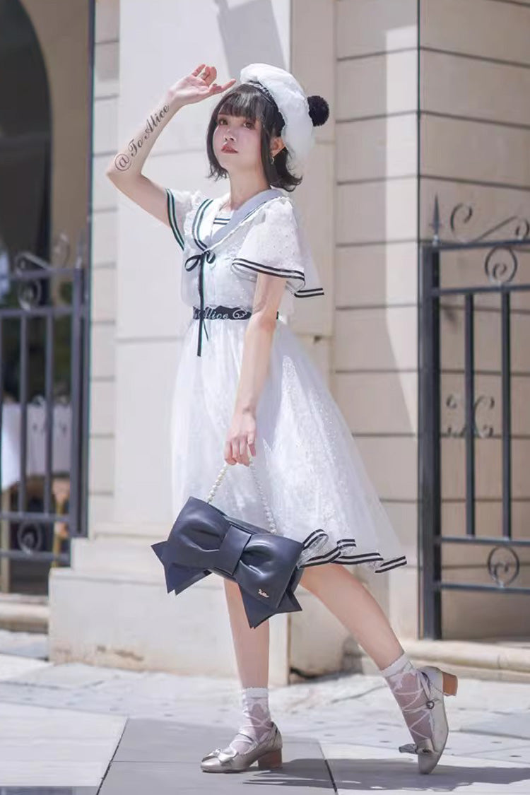 White Seaside Sweetheart Chiffon Navy Collar Short Sleeves Ruffled Lace-Up Slim Sailor Sweet Dress