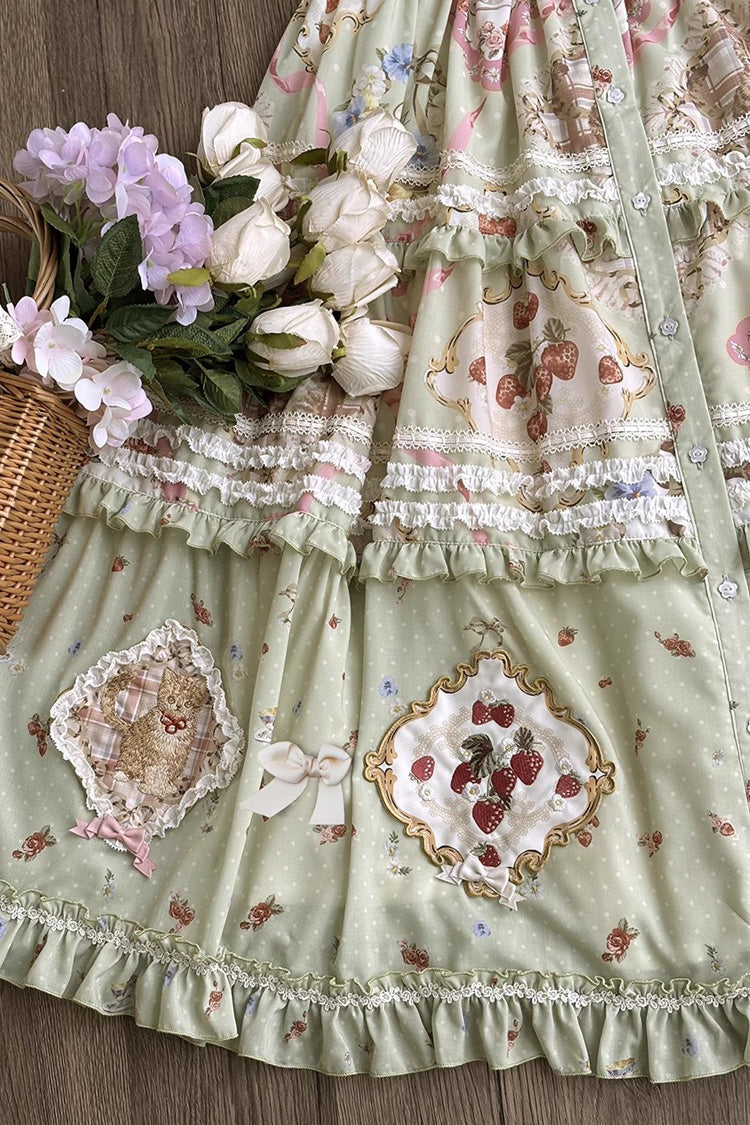Green Cat Rose Tea Print Ruffle Sweet Lolita Skirt