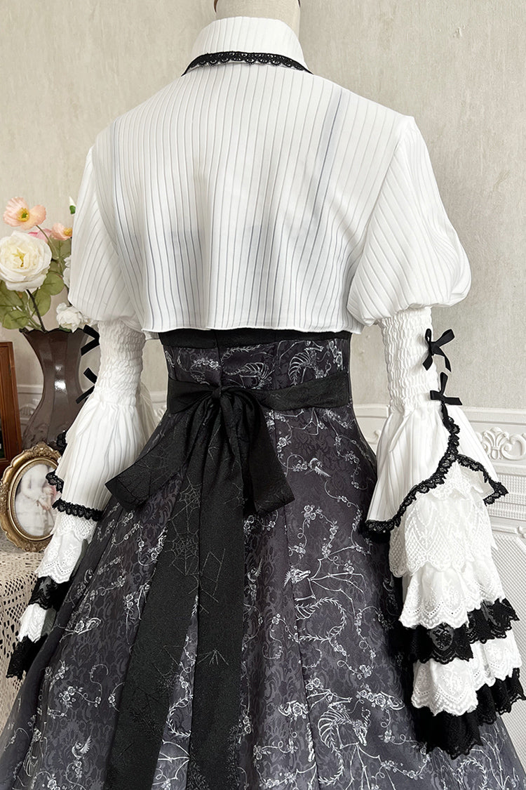 Monochrome Gothic Princess JSK with Bone Print, Ruffled Cardigan, and Lace