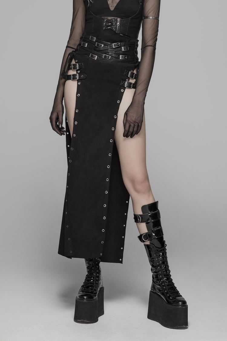 Steampunk Lace-Up Skirt with Sheer Panels and Metal Buckles