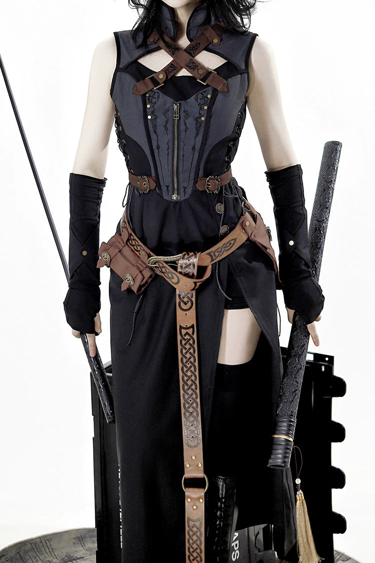 Black Sleeveless Punk Lolita Dress with Lace-Up Zipper