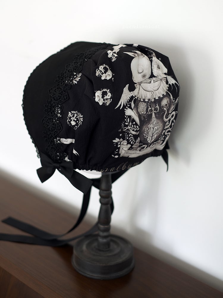 Bonnet Dark Print Bunny Lolita Black