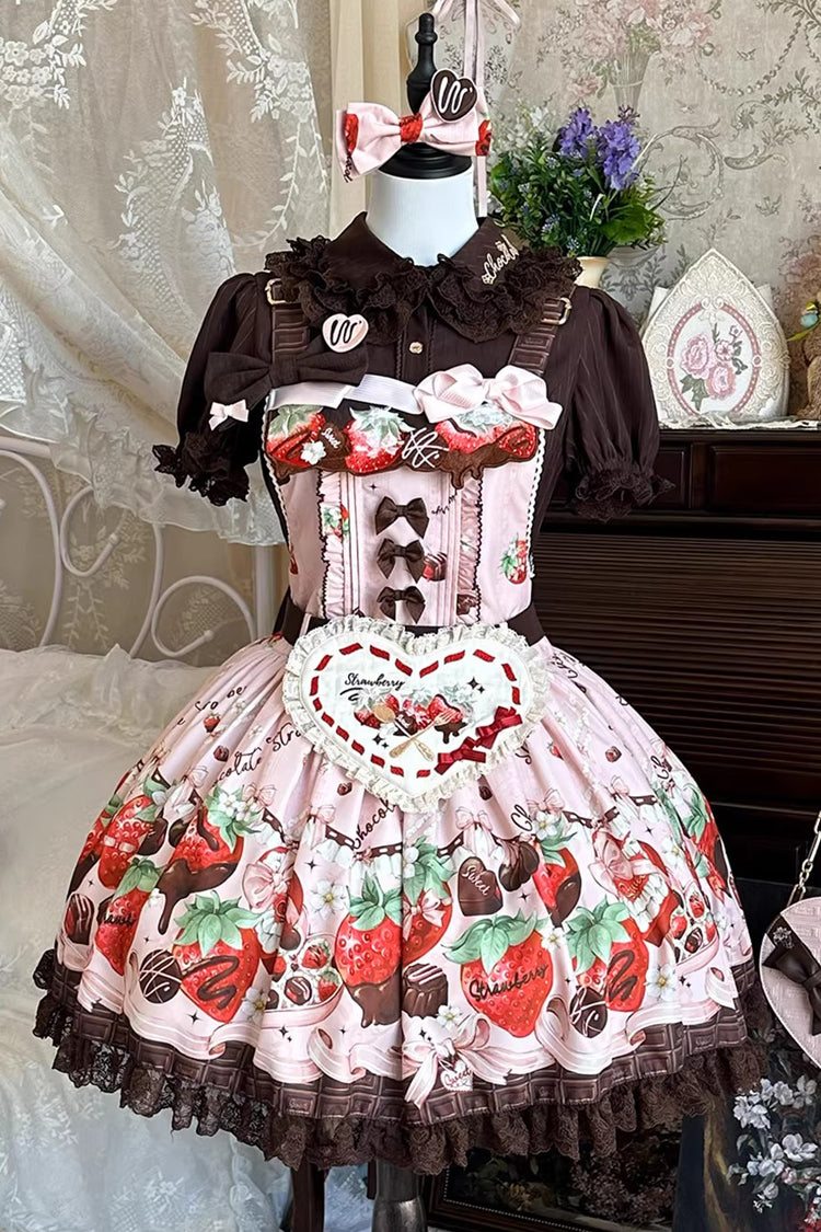 Rose Sleeveless Embroidered Bow Lace Lolita Strap Dress - Strawberry Chocolate Lover