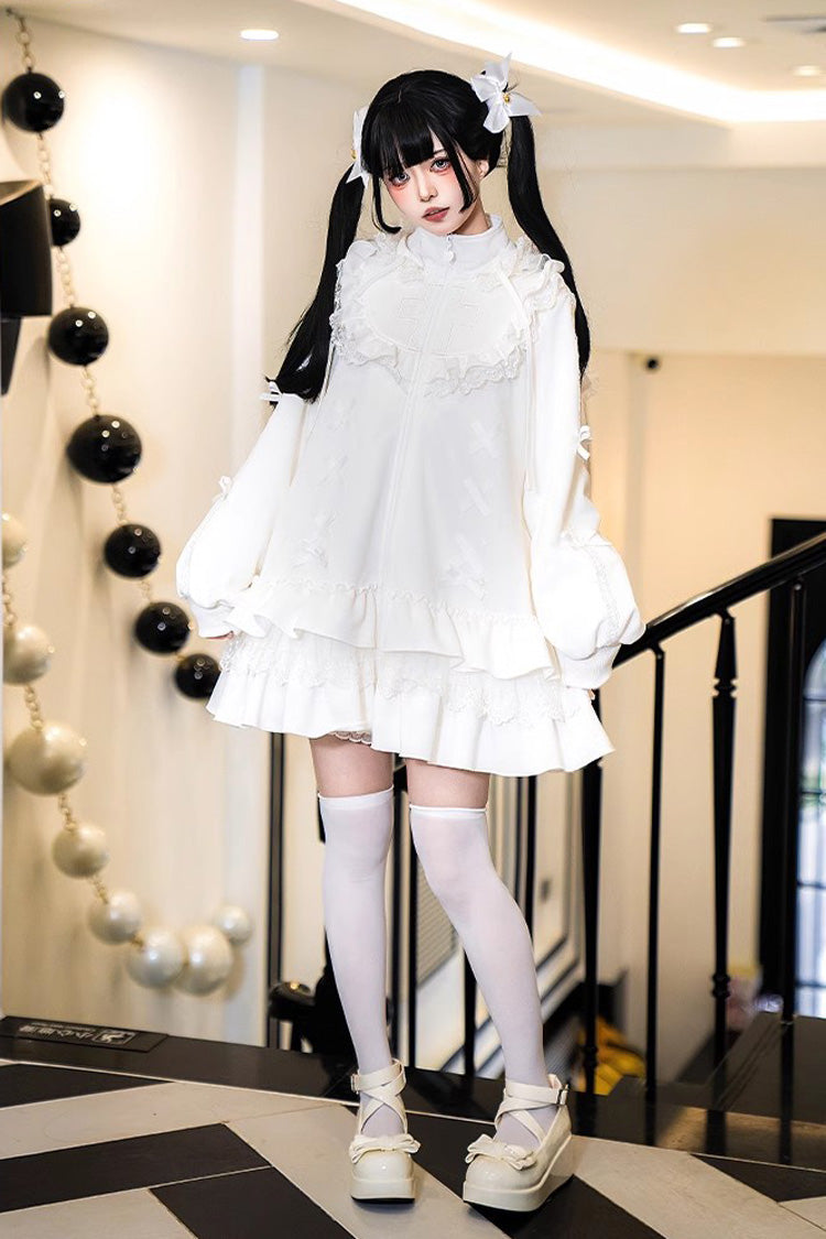 Ivory Ruffled Zip-Up Dapper Sweet Hooded Sweatshirt